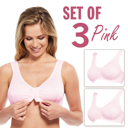 Carole Martin Full Freedom Front Closure Comfort Bra Set of 3 Pink