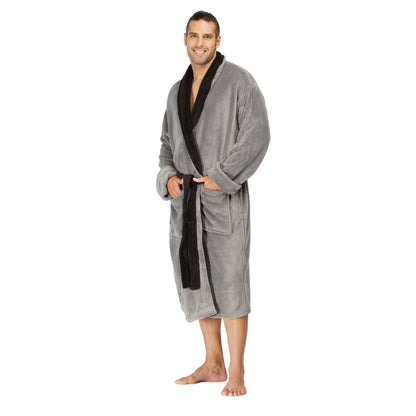 Men Bath Robe Soft Fleece Shawl Collar 2 tone Grey Black