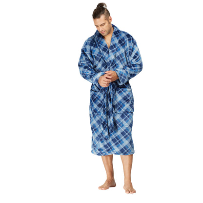 Men Bath Robe Soft Fleece Shawl Plaid Dark Blue