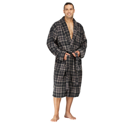 Men Bath Robe Soft Fleece Shawl Plaid Grey