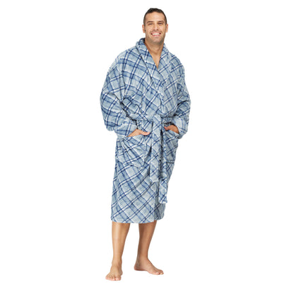 Men Bath Robe Soft Fleece Shawl Plaid Light Blue