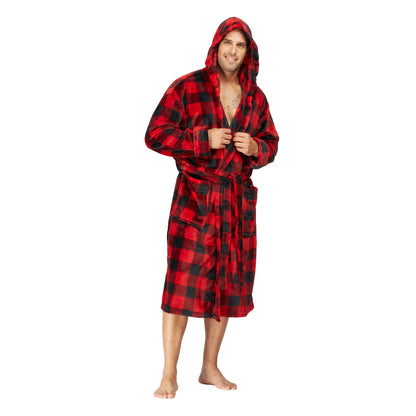 Men Hooded Bathrobe Plaid Red