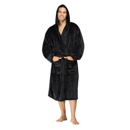 Men Hooded Bathrobe Black Ribbed