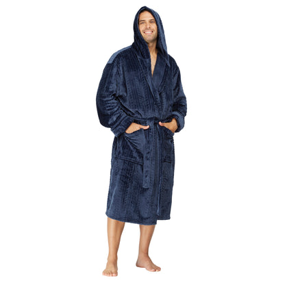 Men Hooded Bathrobe Blue Ribbed