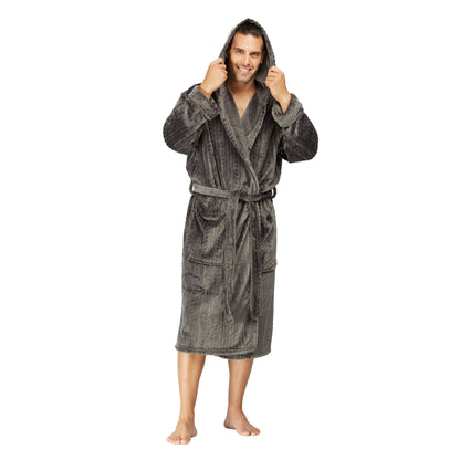 Men Hooded Bathrobe Grey Ribbed