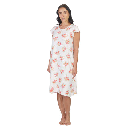 Women's Mid Calf Night Gown With Short Slit Sleeves White Floral