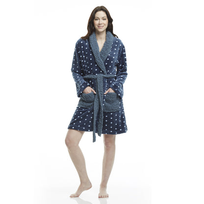 Women's Polka Dot Plush Shawl Collar Mid-Thigh Length Bath Robe