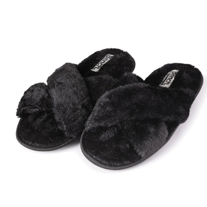 Bench Women Faux Fur Open-toe Criss Cross Band Slip-On Slippers Black